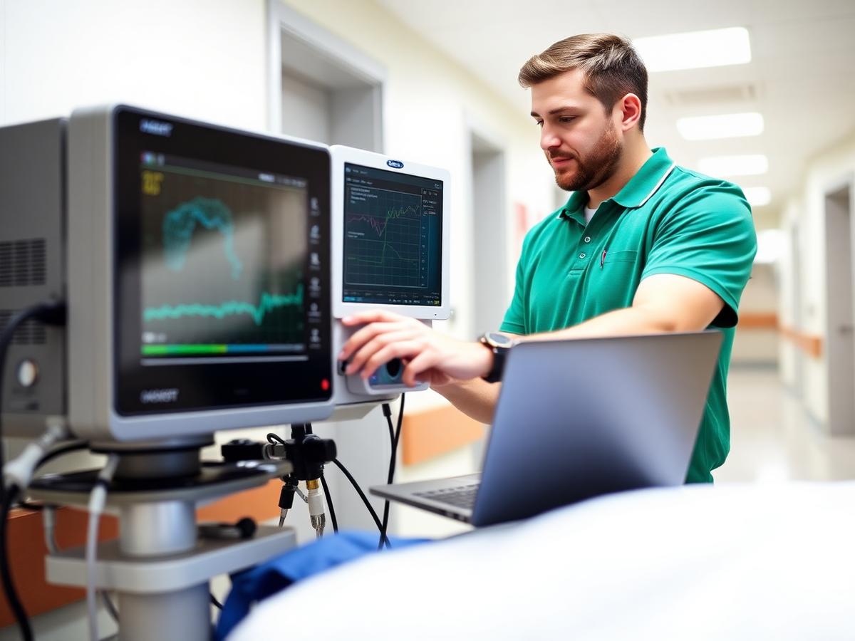 Biomedical engineer calibrating a hospital patient monitor